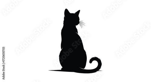 A silhouette of a black cat sitting facing away and looking to the side.