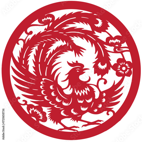 Traditional Chinese Phoenix Paper Cut Vector Illustration in Red Circular Design, Oriental Mythical Bird Symbol of Prosperity, Luck, Happiness and Feng Shui Decoration for Lunar New Year Festival