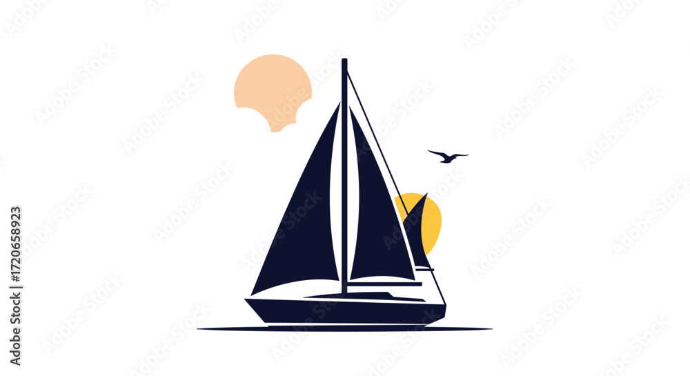 Fototapeta premium A beautiful sailboat glides across the calm ocean waters under a warm setting sun.