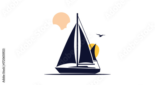 A beautiful sailboat glides across the calm ocean waters under a warm setting sun.