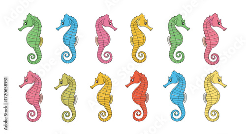A collection of colorful seahorses swimming in the ocean on a white background. This vibrant display features a variety of hues and patterns.
