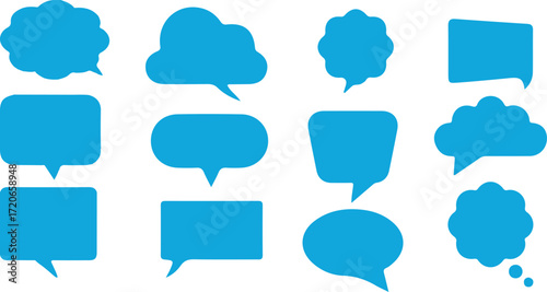 Collection of twelve blue speech bubble shapes with transparent background thought bubble chat bubble