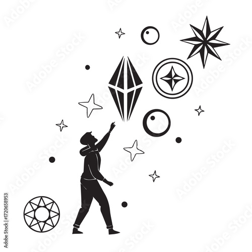 A minimalist black and white illustration isolated on white background featuring a person reaching for celestial objects, symbolizing ambition, dreams, and the pursuit of the extraordinary
