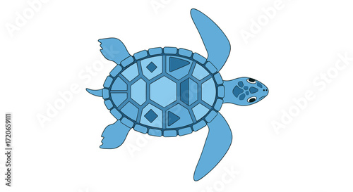 A cute cartoon illustration of a blue sea turtle swimming gently through the ocean waters.