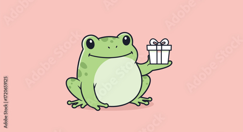 A delightful amphibian offers a small white present with a bow on a soft pink background.