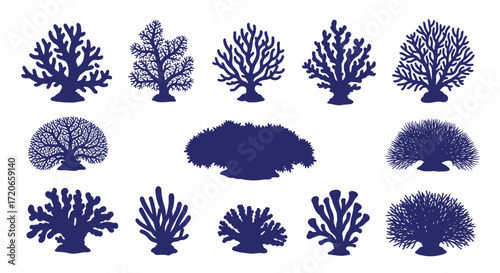 A collection of diverse marine coral silhouettes in a deep blue color against a white background.