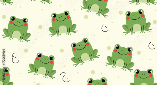 A charming pattern of happy green frogs in various playful poses on a light background.
