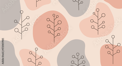 A gentle repeating pattern of stylized botanical elements on abstract organic shapes.
