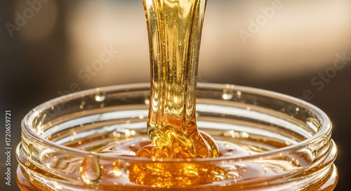 Golden honey drips into jar sweet natural food