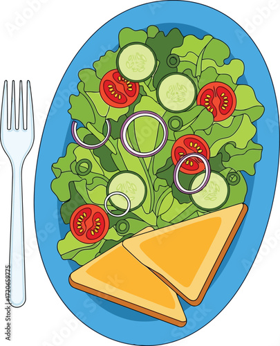 Healthy lunch plate fresh garden salad and grilled cheese sandwiches with fork top view vector