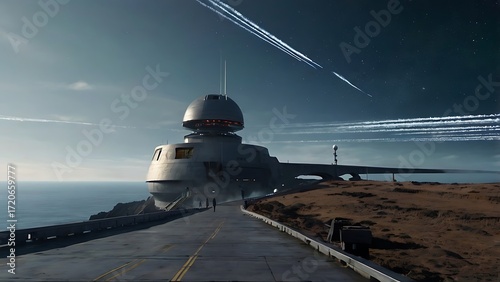 Futuristic structure on a cliff overlooking the ocean, with planes flying in the sky