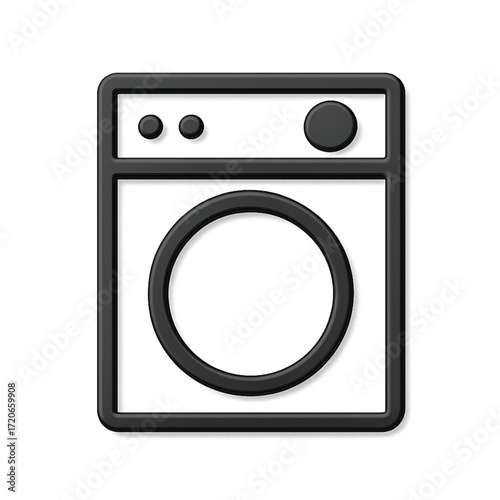 A simple black 3D embossed icon of a front-loading washing machine, isolated on a white background.