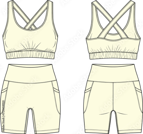 Fashion flat technical sketch of a sports bra and bike shorts with side pockets, athleisure clothing design, vector illustration, CAD drawing.