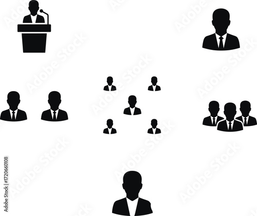 Corporate icons for presentations and business, representing a speaker, a single user, and groups of professionals, vector silhouette set.