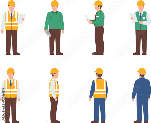 Engineer and construction worker vector illustration set, professional men in safety vests and hard hats.