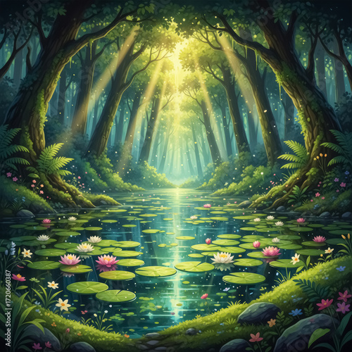 Hidden Forest Lake with Floating Lilies – Anime Style Peaceful Sanctuary