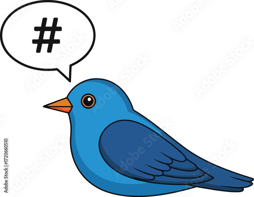 Cute cartoon blue bird speaking a hashtag symbol in a speech bubble social media communication concept vector