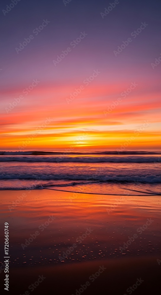 Fototapeta premium A breathtaking coastal sunset, showcasing vibrant hues of orange, pink, and purple across a serene ocean.