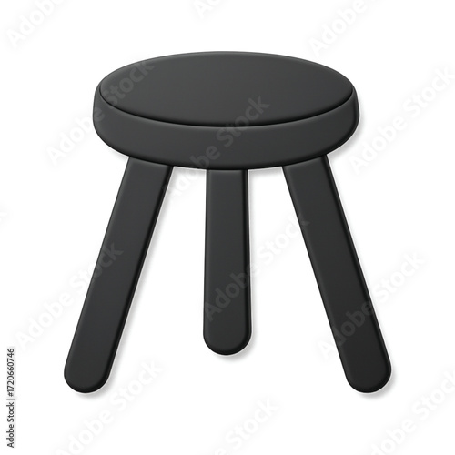 A close-up studio shot of a small, black, three-legged stool on a white background.