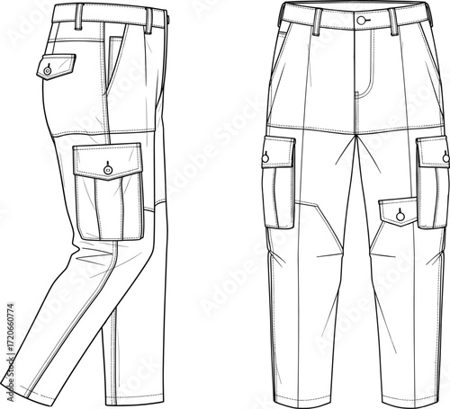 Men's cargo pants with side pockets flat sketch vector illustration. Modern streetwear trousers design technical drawing for apparel.