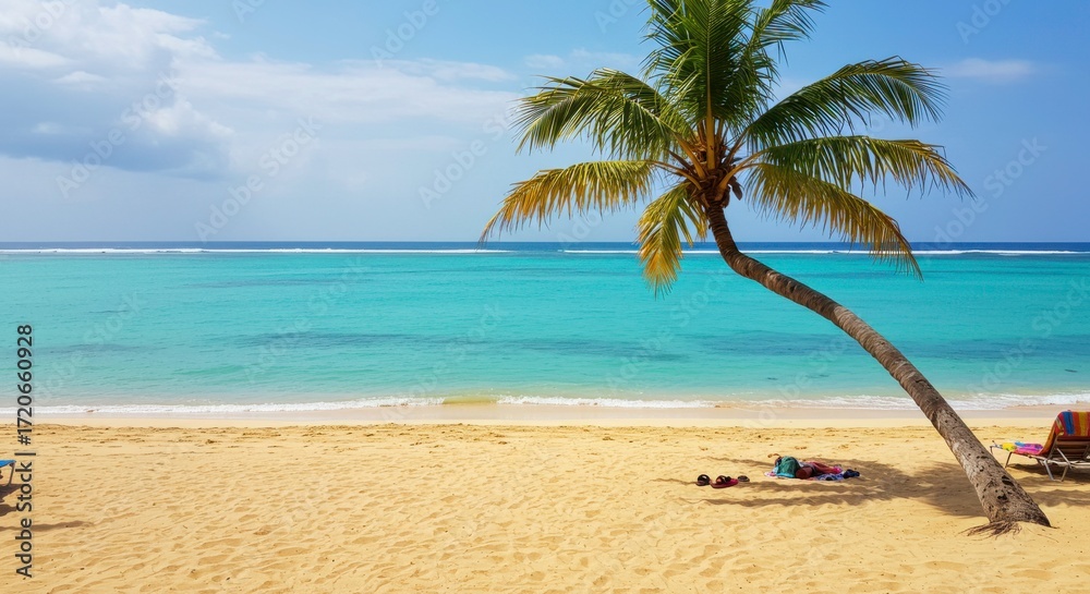 Obraz premium Idyllic tropical beach with a leaning palm tree perfect for relaxation and vacation vibes