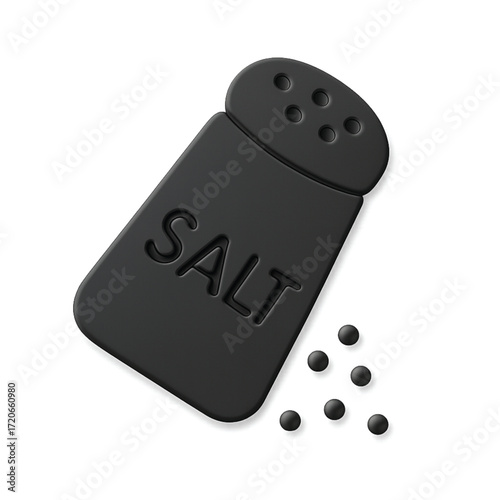 Black salt shaker with the word SALT on it and salt granules.