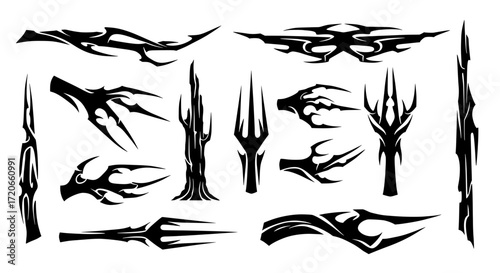 A large collection of aggressive, sharp tribal-style vector shapes. Isolated black graphic elements like claws and blades for fantasy, gothic, or tattoo design.