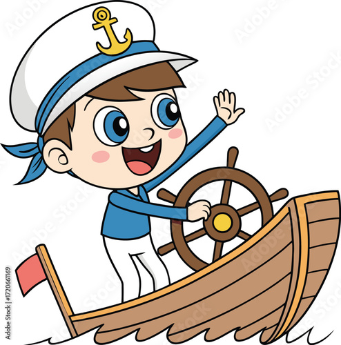 Cartoon of a cheerful sailor boy on a wooden boat. He wears a white hat with a yellow anchor, blue scarf, blue shirt, and white pants. He waves with one hand and steers a brown ship’s wheel.