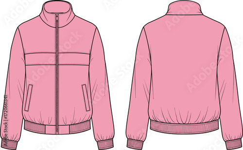 Padded bomber jacket flat sketch technical drawing vector illustration. Fashionable quilted bomber jacket design with ribbed cuff.