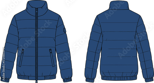 Puffer jacket flat sketch technical drawing vector illustration. Fashionable quilted down jacket design for men and women's apparel.