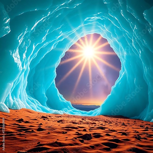 Surreal landscape view from inside a glistening turquoise ice cave looking out at a radiant sunburst