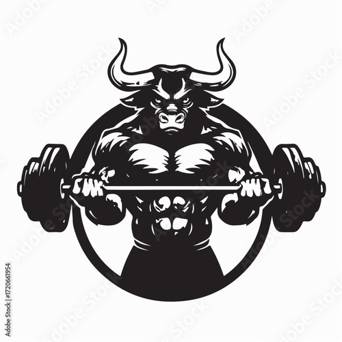 Muscular bull bodybuilder mascot lifting big barbell image vector isolated on white background