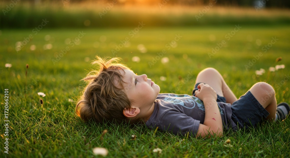 Obraz premium Little boy lying on the grass, daydreaming in the warm sunlight, summer vacation and childhood