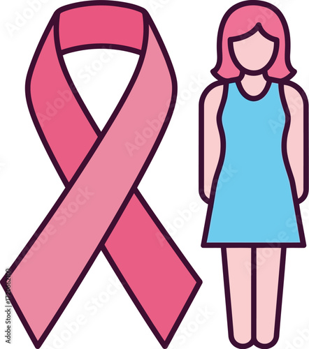 Pink ribbon symbol of breast cancer awareness and illustration of a woman icon symbolizing support and health vector