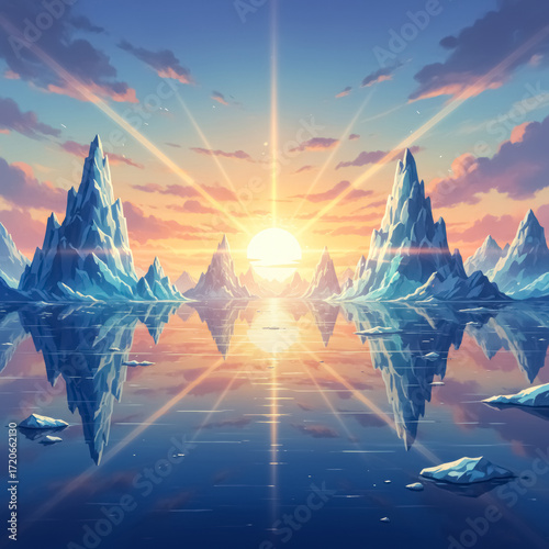 Sunrise Over Shimmering Icebergs – Anime Style Arctic Seascape