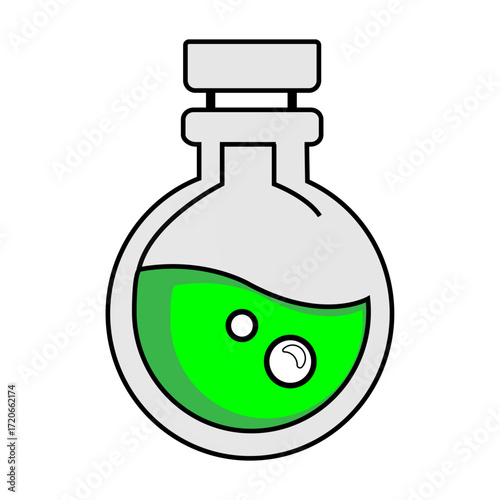 Simple vector icon of a round flask filled with a bubbling green liquid potion. This flat style illustration represents alchemy, chemistry, magic, or a scientific experiment