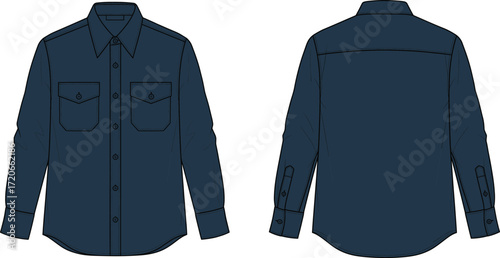 Fashion flat technical sketch of a long-sleeve utility shirt with double chest pockets and pointed collar, apparel design, vector illustration, CAD drawing.