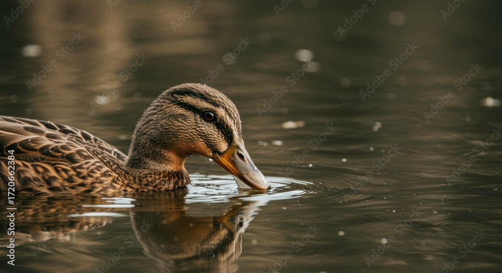 Fototapeta premium Mesmerizing portrait of a female mallard duck drinking water in a dark lake creating serene
