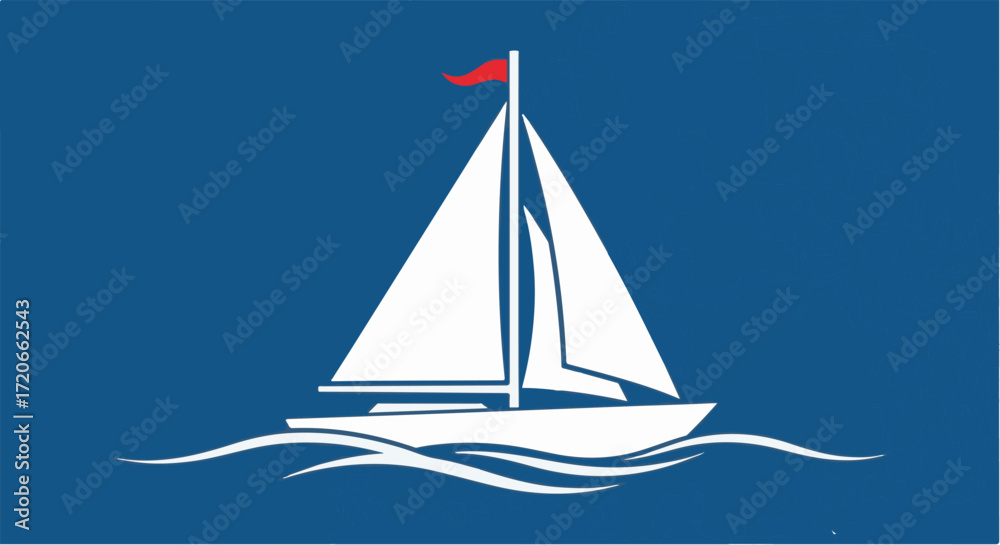 Fototapeta premium Sailboat Illustration with Red Flag on Blue Background