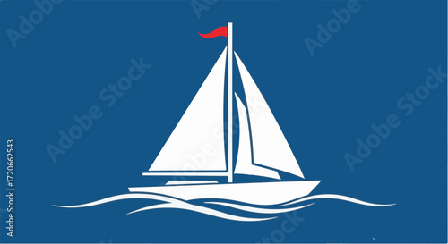 Sailboat Illustration with Red Flag on Blue Background