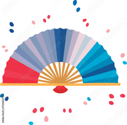 Flat vector illustration of a traditional Korean fan (buchae), folded paper fan with colorful design in red, blue and pastel tones, minimal geometric style for culture, festival, decoration and travel