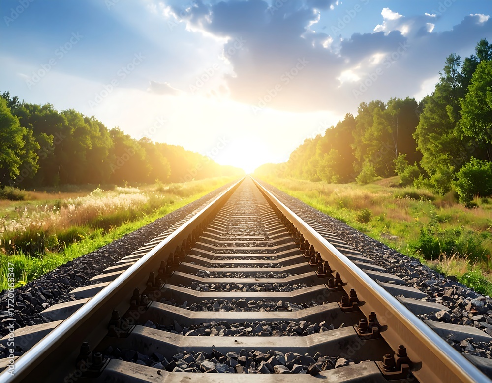 Fototapeta premium Railroad tracks extending into a bright sunset