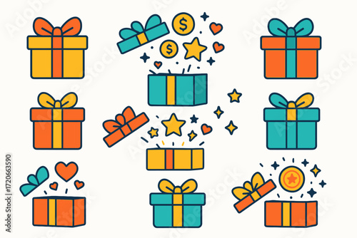 Colorful Gift Box Icons with Celebratory Elements on White Background