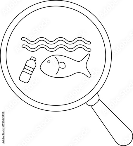 magnifying glass icon and bottle trash icon in the sea