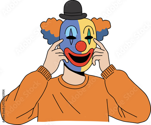 Clown wearing colorful mask and orange sweater with a playful expression, concept of flat style with outline, transparent background, showing joy and fun in a whimsical design.  