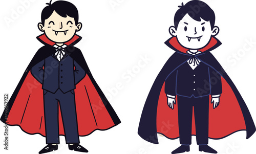 Cartoon vampire character with cape in two different expressions  