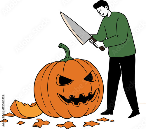 Man carving a Halloween pumpkin with a large knife in flat style  