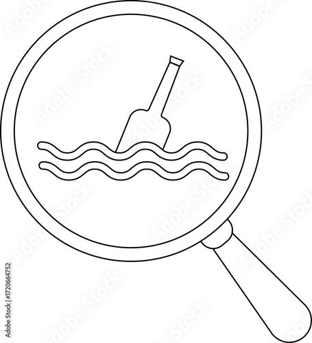 magnifying glass icon and floating bottle icon in the sea