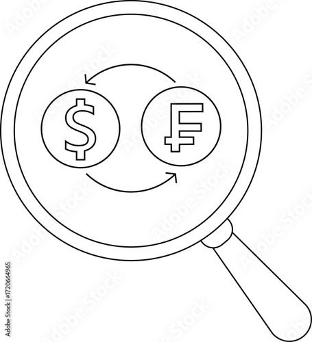 magnifying glass icon and icon to convert US dollar coins to Frank coins