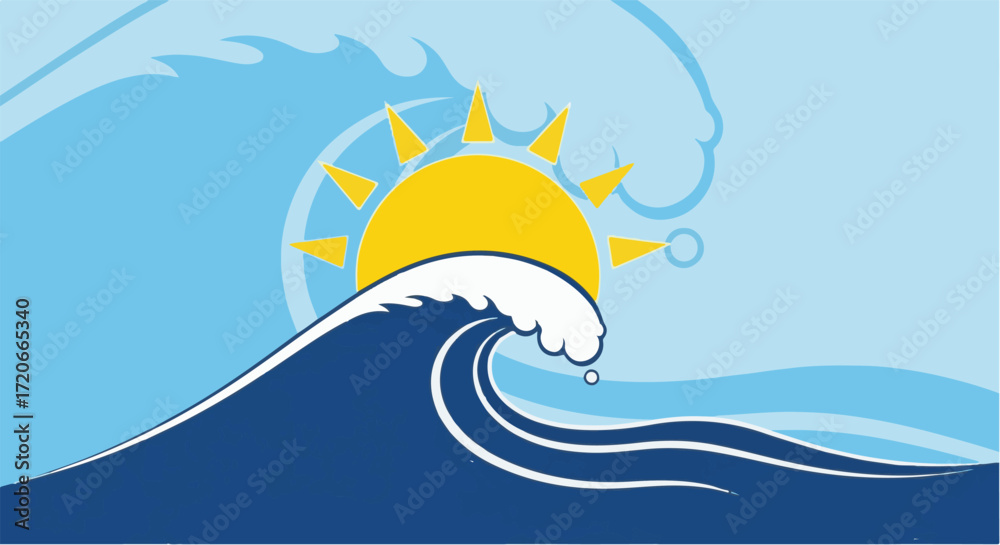 Fototapeta premium Sun Over Ocean Wave Illustration